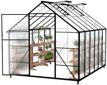 UISEBRT Gewächshaus Treibhaus für Garten Tomatenhaus mit Fundament Frühbeet Pflanzenhaus mit Fenster & Wetterfestem Hohlkammerplatten Gartengewächshäuser 310x250x205cm UV- & Frostgeschützt