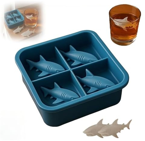 Moule à glaçons en silicone en forme de requin, bac à glaçons en silicone à 4 compartiments, avec décoration de boisson faite maison, moule à glace 3D intéressant en forme d'animal, facile à démouler