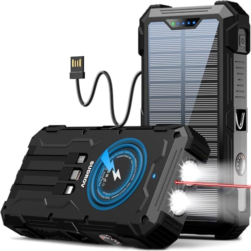 Sudrov Solar Charger Power Bank, 42800mAh Wireless Portable Charger with USB-C in/Output, QC3.0 Fast Charging 15W 4 Ports Outdoor Battery Pack Built-in LED Flashlight, for iPhone, Galaxy, iPad etc