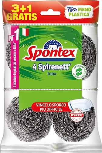 Spontex Spirenett' 3+1, Pagliette in Acciaio per la Rimozione dello Sporco più Ostinato di Pentole, Stoviglie e Griglie. Formato 4 pezzi, Spirenett (confezione da 24)