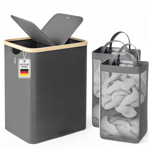 Roxlin Wäschekorb 150L mit 2 herausnehmbaren Wäschesäcken – Großer faltbarer Wäschesammler mit Deckel, Bambusrahmen & wasserdichtem Stoff – Ideal für Bad, Schlafzimmer & Waschküche (Grau)