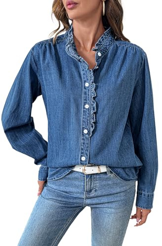 Sidefeel Womens Denim Top Ruffled Long Sleeve Oversized Plus Size Button Down Shirts for Women Dark Blue XX-Large