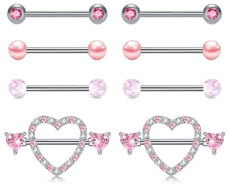 AVYRING Piercing per capezzoli a forma di cuore, in acciaio inox 14 G, per donna, 16 mm, piercing per lingua (argento/oro), 4 paia, Acciaio inossidabile