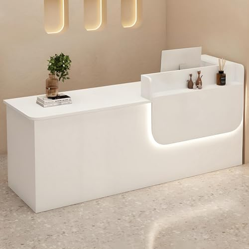 Bancone Reception in Legno Massello con Cassetto e Mobiletto Chiudibili a Chiave, Illuminazione a LED e Spazio di Archiviazione, Lunghezza 100–240 cm, Ideale per Ufficio, Salone, Hall e Negozio