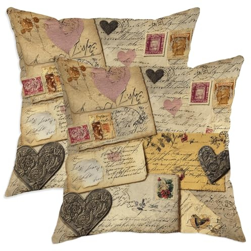 Set di 2 federe per cuscini a forma di cuore, stile vintage, romantico, con stampa a busta, con cerniera nascosta, per casa, soggiorno, camera da letto, dormitorio, divano, decorazione 40,6 x 40,6 cm