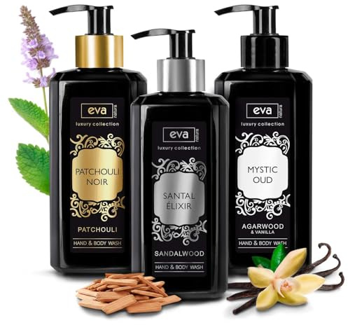 Eva Natura Hand- und Körperseife im Geschenkset | mit Sandalwood, Patchouli, Agarwood & Vanilla (3x290ml) | luxuriöse und vegane Flüssigseife | Pflege für Männer und Frauen, Geschenk