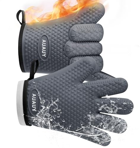 AUAUY Guanti da Forno, Guanti da Forno in Silicone Impermeabili, Grigio | 446°F Antiscivolo Guanti Resistenti al Calore, Guanti da Cucina Lunghi, per Cucinare, Barbecue, Cottura al Forno