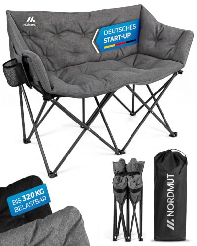 NORDMUT® Campingsofa faltbar für 2 Personen – stabile Camping Couch 320 kg belastbar – komfortabler Doppel Campingstuhl faltbar mit extra Dicker Polsterung (Aschgrau)