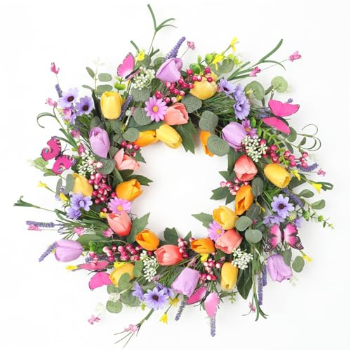 Türkranz Ganzjährig 50cm Frühling Sommer Blumenkränze Bestehend aus künstlichen Tulpen, Gänseblümchen,Lavendel,Eukalyptusblättern,Beeren Schmetterlingen für Tür,Hochzeit,Wand (50cm)