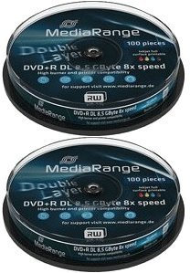 Confezione da 2 pezzi, 2 x 10, MediaRange DVD+R 8.5GB, 2 x 10 x Spindel DL Injekt intera superficie)