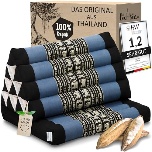 livasia Thaikissen mit 1 Auflage - 75x50x8cm - Dreieckskissen mit Sitzkissen, Keilkissen mit Kapok, Rückenkissen faltbar, Thaimatte zum Klappen, handgefertigt, Meditationskissen (Blau/Elefanten)