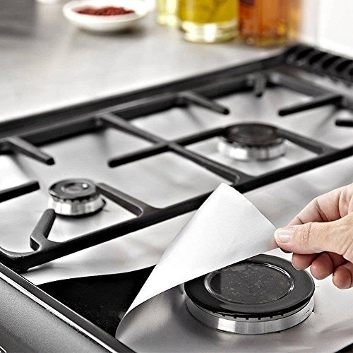 Reusable Gas Hob Protector Teflon Sheet Pack of 4, Hob Stove-top Burner Covers, Universal Heavy Duty Oven Liner, Non-Stick Foil, Lining Easy Clean, FDA-Approved, Silver by PurpleSalt®