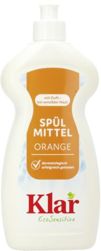 Klar EcoSensitive Spülmittel ORANGE, 500ml - Spüli mit hoher Fettlösekraft | Geschirrspülmittel flüssig mit frischem Orangen-Duft - Biologisch abbaubares Handspülmittel - Vegan Dish Soap