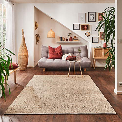Steffensmeier Handwebteppich Rellenbach | Schurwolle Mit Fusselstopp, gewalkt, Natur Dunkel, handgewebt, Größe: 300x390 cm Wohnzimmer und Schlafzimmer