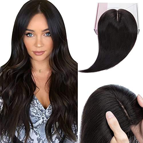 Elailite Hair Topper Clip Capelli Veri Extension Toupet Toupee Donna 10cm*12cm con Silk Lace Protesi Human Hair Naturali 30cm 40g #1B Nero Naturale