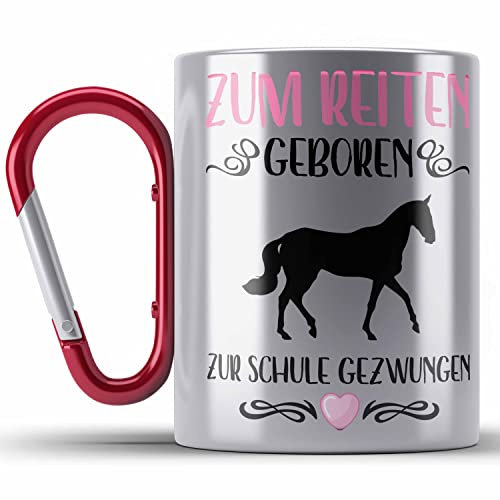 Trendation - Pferde Mädchen Geschenk Edelstahl Tasse Karabiner Reiten Reiterin Kinder Becher Spruch Lustig Geburtstag Einschulung (Rot)