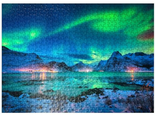 MyPuzzle Aurora Borealis Over Sea Coast, Lights At Night. Northern Lights On Lofoten Islands, Norway - Premium 500 Piece Jigsaw Puzzle for Adults