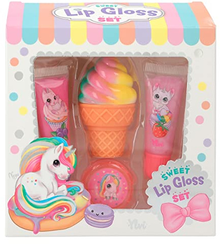 Depesche 12208 Ylvi - Lipgloss Set für Kinder im Candy-Shop Design, mit 2 Tuben, Lipgloss-Dose und Lippenpflege in Eistüten-Form