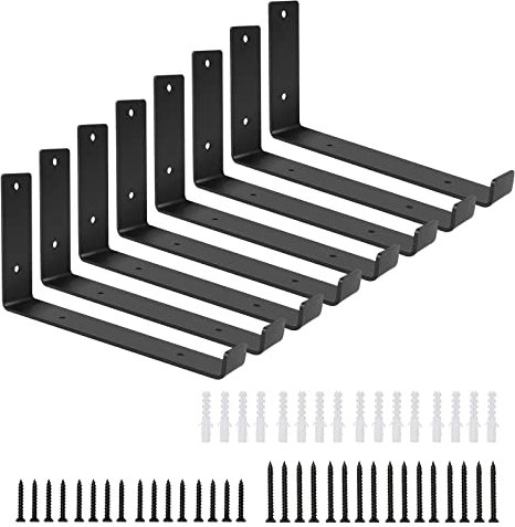 8 x Heavy Duty Shelf Brackets, Black Rustic Shelf Brackets for Wooden Wall Shelves Vintage Metal Shelf Bracket with Lip for Scaffold Board Shelving, 225mm x 140mm