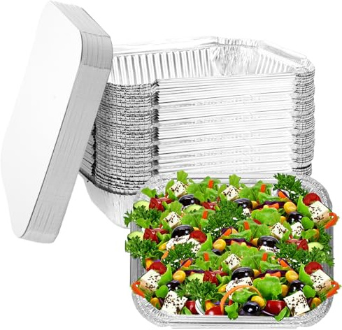 STARVAST Grill Aluschalen Tropfschalen Grillschale Auflaufform - 50 Stück Einweg Schalen aus Aluminiumfolie, Passend für Backen, Braten, Kochen, Klein Behälter 19.5 x 14.1 x 4.3 CM 650ml (mit Deckel)