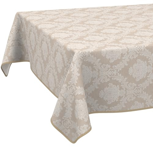 ANRO Tischdecke abwaschbar Damast Barock Beige mit Saum 180x120 cm | mit Saum eingefasst – Gartentischdecke wetterfest – Tischwäsche aus beschichtetem Stoff – waschbar bei 30 °C