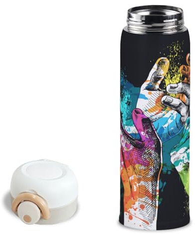 Bouteille d'eau isotherme en acier inoxydable avec motif main artistique - Tasse de voyage avec couvercle à rabat - 473 ml - Cadeau de Noël