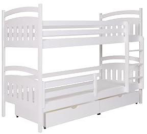 KEF Denis Etagenbett Kinder 80x180 cm - Holz Kinderbett - für Zwei Kinder - Holzbett mit Schubladen - Massivholz Kinder Bett mit Lattenrost - Weiß - mit Matratze - Leiter Universal