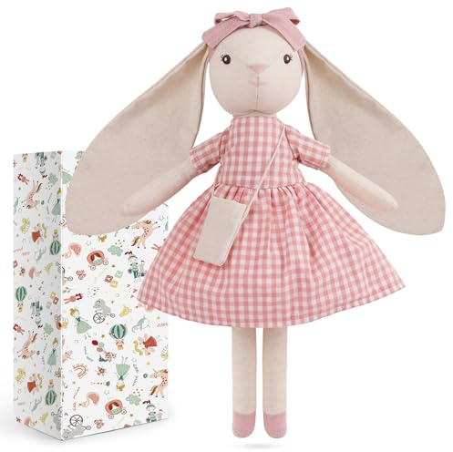 Mikee Fluffie 15 Bunny Stuffed Animal for Girls, Plush Toy Doll -Wearing Pink Plaid Dress,Cute Doll Set Dress Up for 3 4 5 Year Old Girl - Gift for Little Girl, Birthday, Easter,Christmas