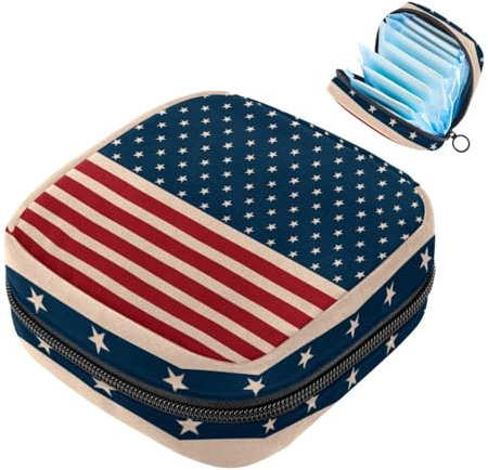 I Love The USA Damenbinden-Aufbewahrungstasche, Vintage-Stil, amerikanische Flagge, große Menstruationstassen-Beutel mit Reißverschluss, Periodeneinlagen, Tampons für Mädchen und Frauen