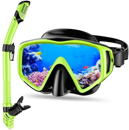 Taucherbrille Erwachsene, Schnorchelset Erwachsene mit Taucherbrille und Dry Schnorchel, Anti-Leck Anti-Fog Tauchmaske aus Gehärtetem Glas für Schnorcheln, Schwimmen und Tauchen