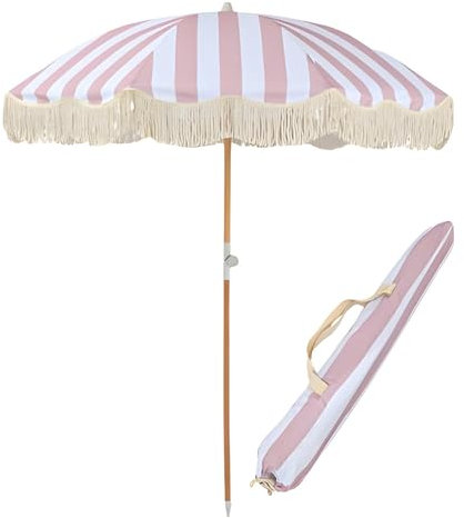 Generic Boho Strandschirm mit Fransen, Rosa gestreifter Gartenschirm, UPF 50+ Quastenschirme mit Tragetasche, tragbarer Holzmastschirm für den Außenbereich