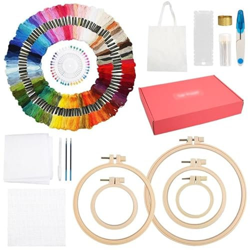 100 Farben Stickgarn Stickset Erwachsene,Embroidery Kit mit Kreuzstich Stoff und Stickrahmen, Sticken Lernen Set für Profis Anfänger, Stickerei Set mit Beutel, Stick Set zum NäHen,Basteln,Hand Diy