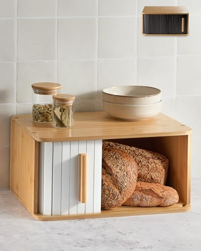 Panera de Madera Grande - Con Puerta Corredera – Panera Bambú FSC® para Guardar el Pan 40 x 28 cm – Ahorra Espacio - Elegante Para Una Frescura Prolongada - Blanco