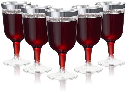 MATANA 24 Verres à Vin en Plastique avec Bord Argenté, 170ml - Solides et Réutilisables - Gobelets pour Cocktails, Dessert - Parfaits pour Les Fêtes, Anniversaires, Mariages, Noël