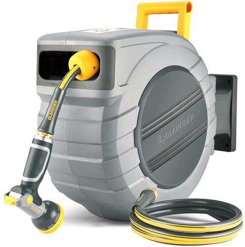 GLAHODEN Hose Reel with Garden Hose 40 m + 2 m, Automatic Reel, 180° Swivel Wall Hose Box with 9 Function Spray Nozzle