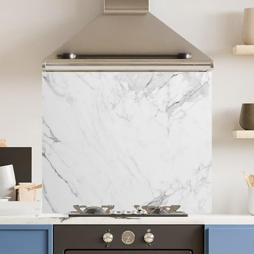 Toughened 6mm Glass Kitchen Splashback 90 x 65cm White Veiny Marble - Polished Heat Resistant Back Splash for Cookers Hob