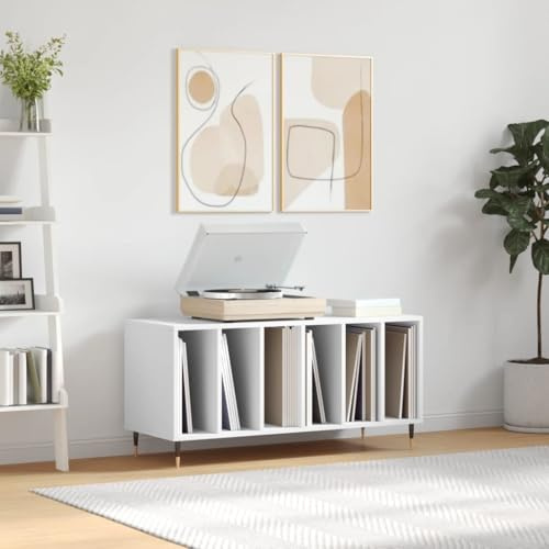 IKAYAA Mueble Tocadiscos, Mueble de Discos de Madera 100x38x48 cm, Tocadiscos de Vinilo Stand, Estanteria CD, Mueble para Vinilos, WY23E Blanco