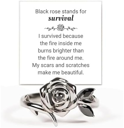 Black Rose Ring for Women Silver Rose Sel Love Friend Ring Burned and Survived Flower Ring Blooming Inspirational Friendship Ring Best Friend Motivational Jewelry (black 8)