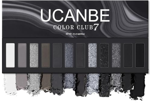 UCANBE Smokey Eyeshadow Palette, Dark Black White Gray Silver Natural Nude Matte Shimmer Eye Shadow Make Up Pallet for Smoky Emo Goth Makeup, 12 Color High Pigmented Long Lasting Waterproof Pallete