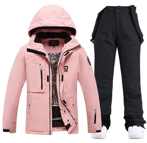 ALSOGO Traje de esquí para mujer, 2 piezas, traje de nieve, impermeable, cortavientos, invierno, cálido, con capucha desmontable para esquiar, snowboard, chaqueta de nieve, pantalones de nieve