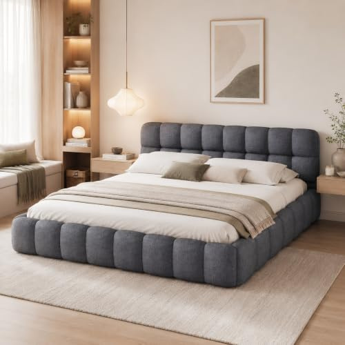 Polsterbett Bubble Bett 160x200, Doppelbett Polsterbett 160x200 Grau, Jugendbett Flachbett Gästebett Bettgestell Mit Lattenrost Und Gepolstertes Kopfteil, Leinen, Ohne Matratze (Grau, 160x200cm)