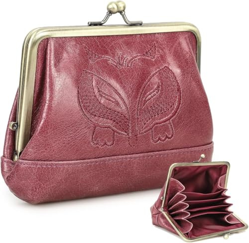 CONTACTS Cartera de beso con cierre de aplauso de cuero para mujeres Damas Vintage Porta tarjetas pequeño y lindo Monedero de cambio, Estilo vintage
