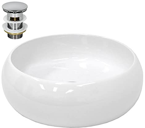 LuxeBath Waschbecken Keramik rund Ø 350 x 120 mm Weiß mit Ablaufgarnitur Silber, Aufsatzwaschbecken für Badezimmer/Gäste-WC, Modernes Aufsatzbecken, Waschtisch Waschschale Waschplatz Handwaschbecken