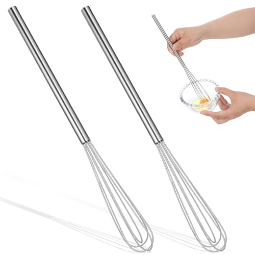 LIQWEI - Juego de 2 batidores manuales pequeños de 28 cm de largo, pequeño batidor de acero inoxidable para mezclar masa, batir las claras de huevo, batir la mantequilla, revolver la crema