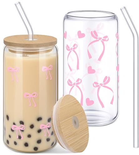 saerryor 2 Pcs 16oz Bow Glass Cups with Lid and Straw, Glass Tumblers | Iced Coffee Cup, Aesthetic Bow Cups for Girl Women Drinking Coffee Tea Cocktail