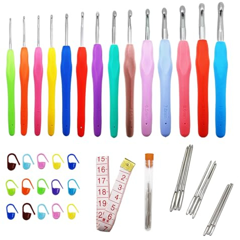 Set di 14 uncinetti, set da 14 pezzi, per principianti con accessori all'uncinetto, uncinetti ergonomici, in gomma morbida, set di uncinetti (2,0 mm-10,0 mm)