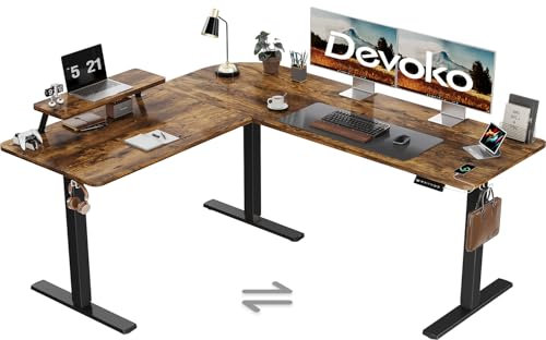 Devoko Höhenverstellbarer Schreibtisch L Form, 160 x 140cm L-förmig Schreibtisch Höhenverstellbar Elektrisch, Eckschreibtisch Ergonomischer Steh-Sitz Tisch Computertisch (Vintage Braun)
