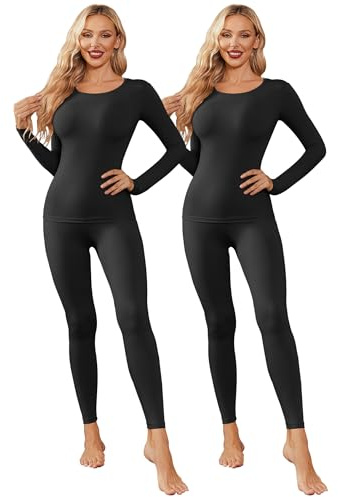 Ekouaer Women's Thermal Pack of 2 Underwear Set Soft Base Layer Ladies Warm Top & Bottoms for Winter 2 schwarz M