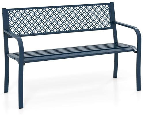 FANTASK Terrassenbank Metall, Gartenbank mit Rückenlehne & Armlehne, Sitzbank für 2 Personen, 127 x 59 x 82 cm, Blau
