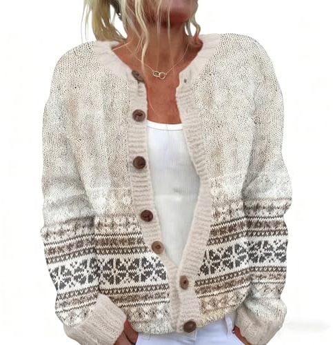 Gilet Femme Norvégien Jacquard à Boutons, Chic et Elegant, Cardigan Femme Tricoté à Manches Longues, Cardigan Pull Irlandais Mohair, Pulls, Gilets et Sweats Hiver Chaud, Gilet Laine Cachemire de Noel